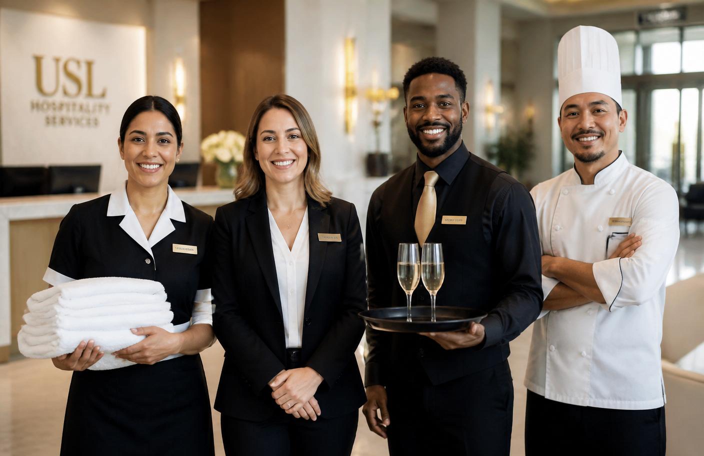USL Hospitality Services staffing team — housekeepers, front desk, banquet servers, and chefs ready for work